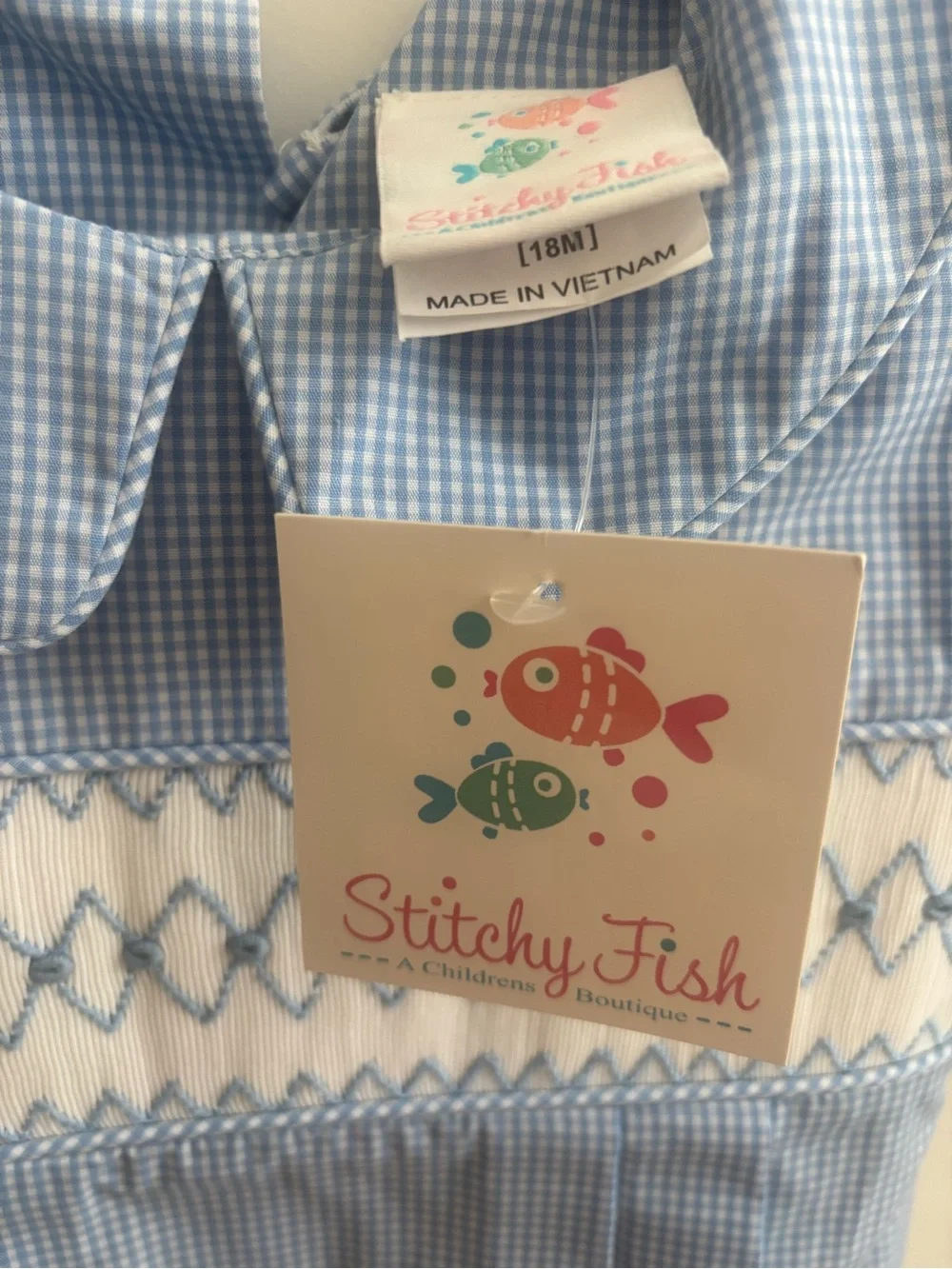 NWT Smocked Blue Gingham Bubble Baby Boy 18m Stichy Fish